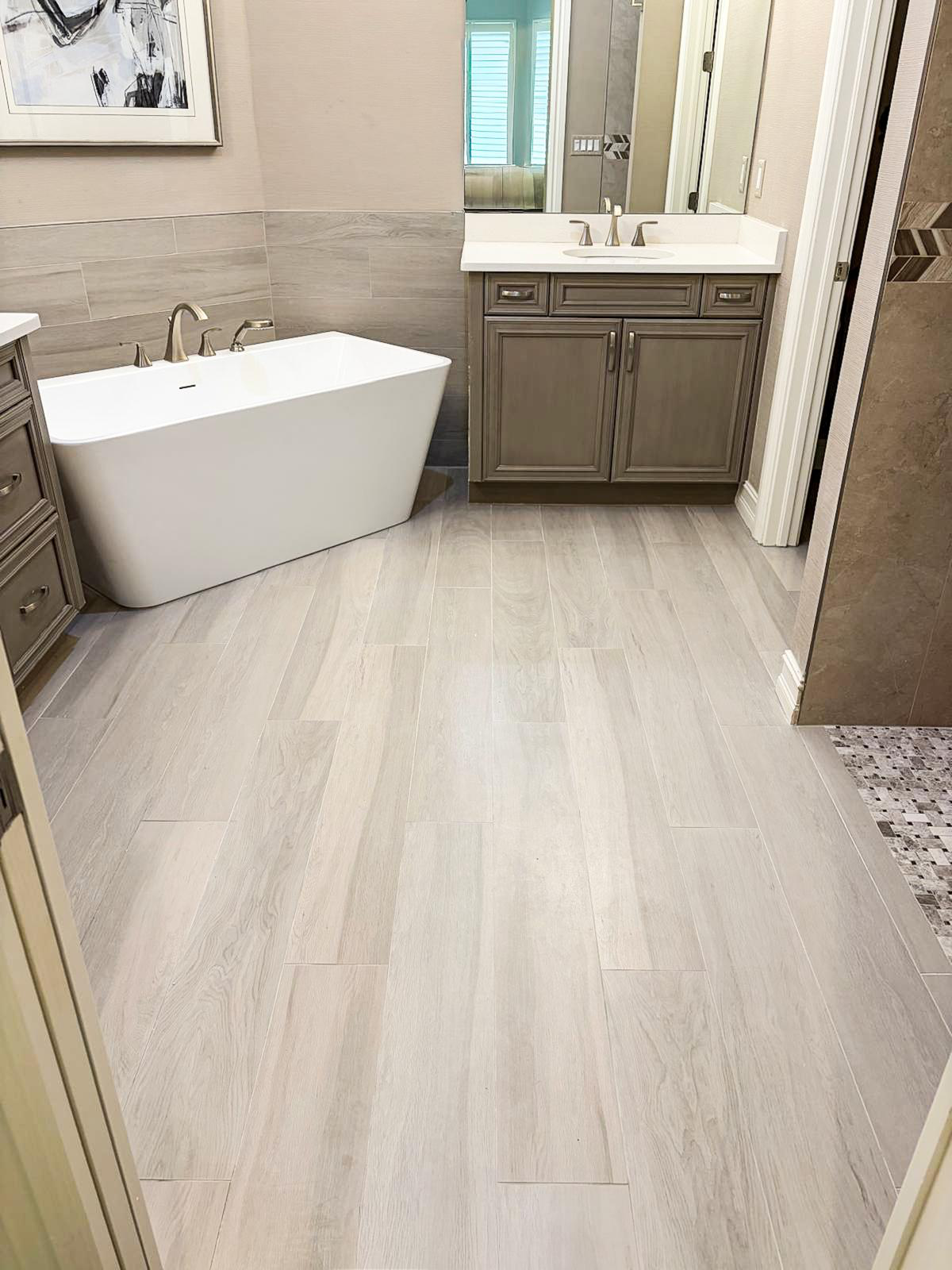 Wood-look plank tile bathroom floor