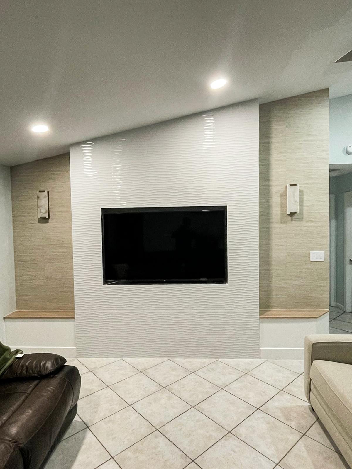 Textured tile TV accent wall
